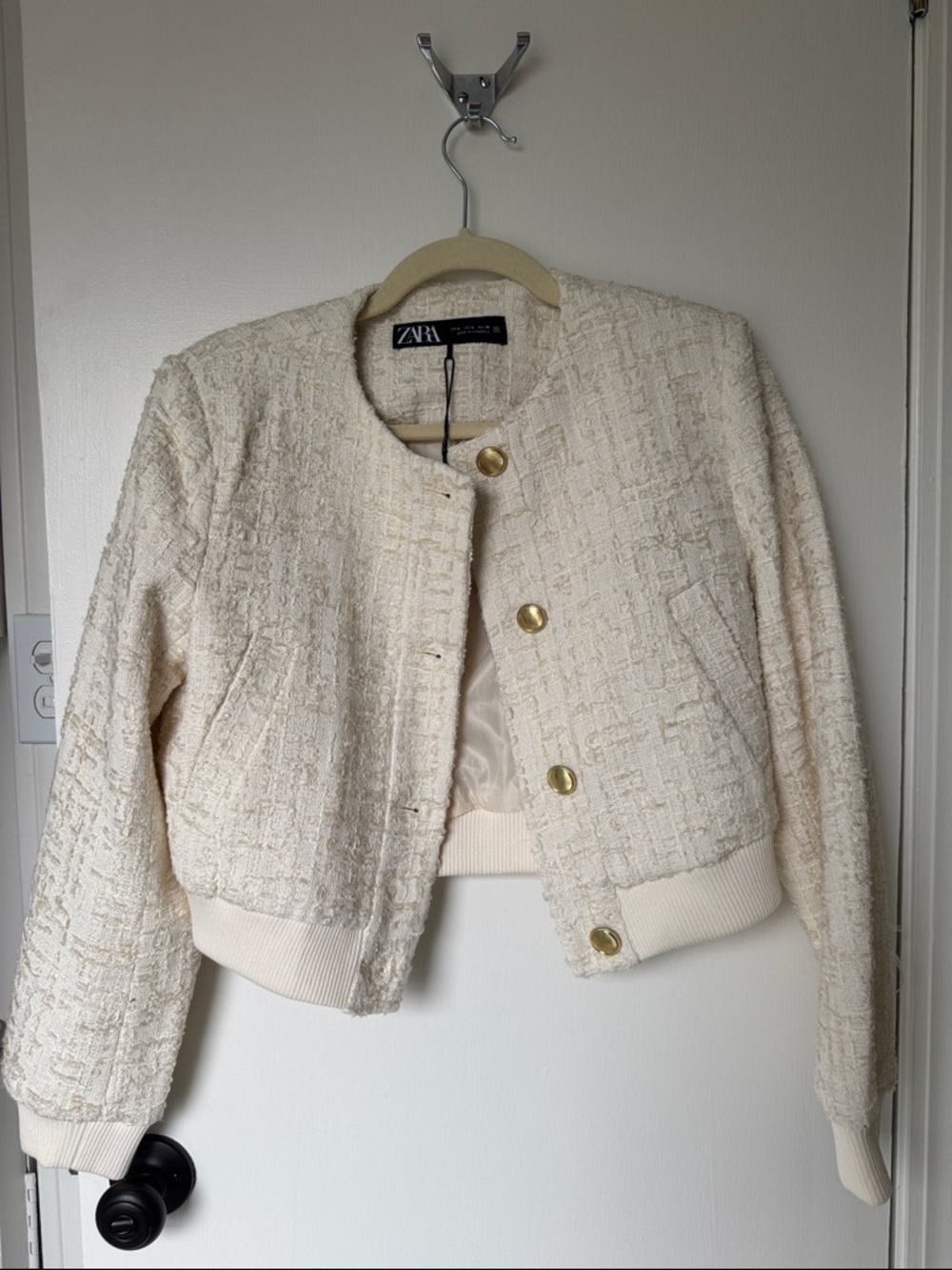 Zara Ivory Bouclé Cropped Jacket with Gold Buttons